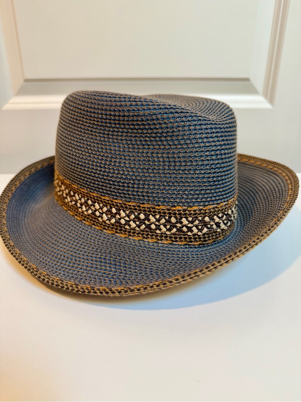 Eric Javits Packable Fedora Panama Sun Hat Brim Vacation Blue Woven Band UPF 50+